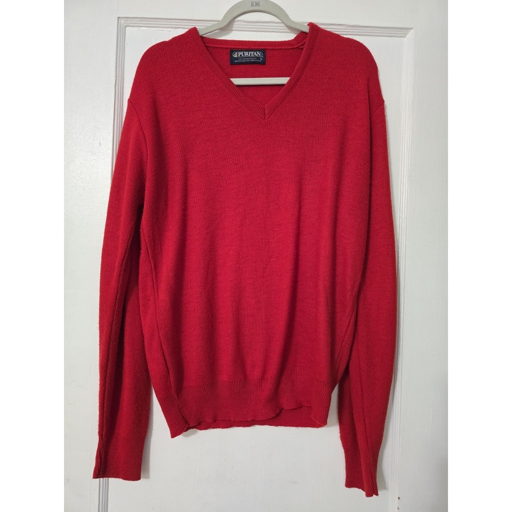 Vintage Puritan Men's‎ Large Orlon Acrylic V Neck Sweater Red Made in USA